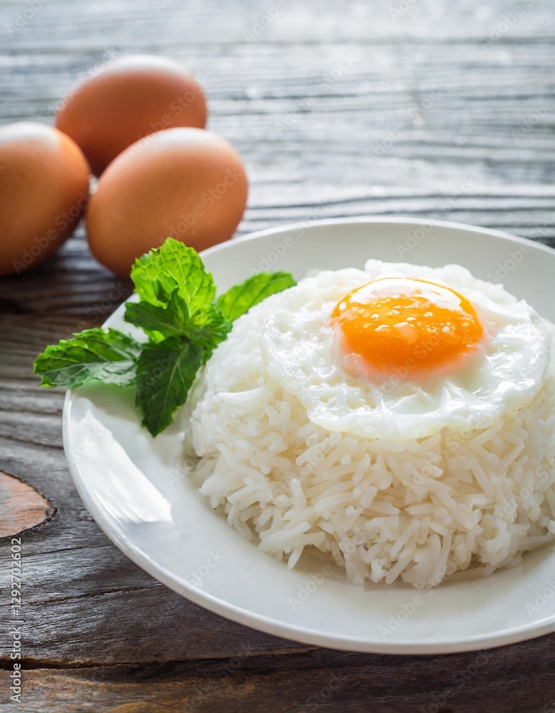 Steamed White Rice with Eggs: Top-View Thai Jasmine Rice on a White Plate Steamed White Rice with Eggs: Top-View Thai Jasmine Rice on a White Plate