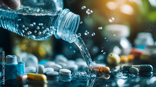 A hand pouring water over scattered pills and medicine bottles, symbolizing health and wellness. photo