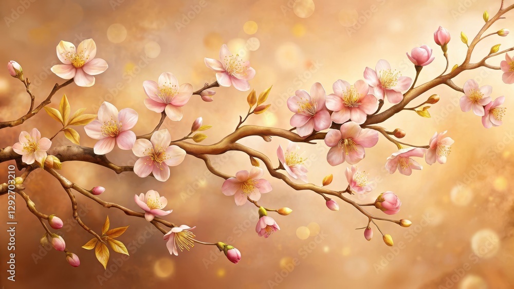 A delicate, hand-painted cherry blossom branch with intricate golden accents and soft pink petals against a warm, muted background , hand painted, vintage flowers A delicate, hand-painted cherry blossom branch with intricate golden accents and soft pink petals against a warm, muted background , hand painted, vintage flowers