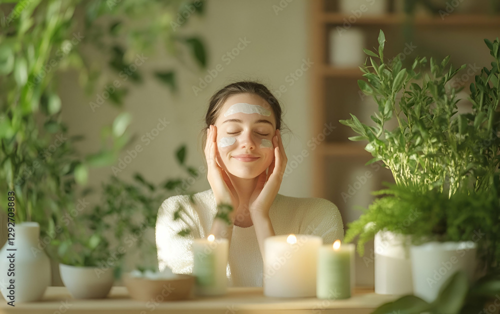 A woman enjoying a serene moment with candles and plants, embodying relaxation and self-care. A woman enjoying a serene moment with candles and plants, embodying relaxation and self-care.