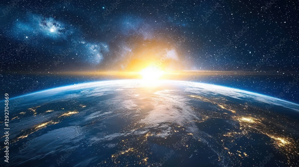 A celestial tunnel of glowing light forms above Earth guiding explorers to the stars A celestial tunnel of glowing light forms above Earth guiding explorers to the stars