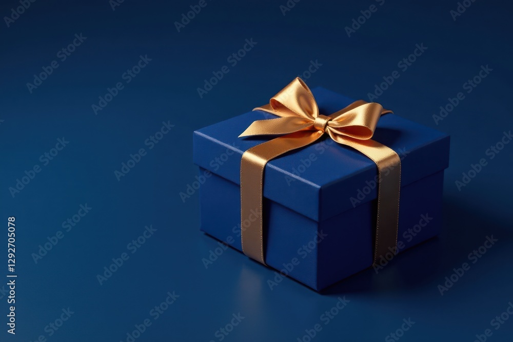 Obraz premium A luxuriously wrapped present, a cobalt blue box adorned with a golden ribbon, sits elegantly on a matching backdrop.