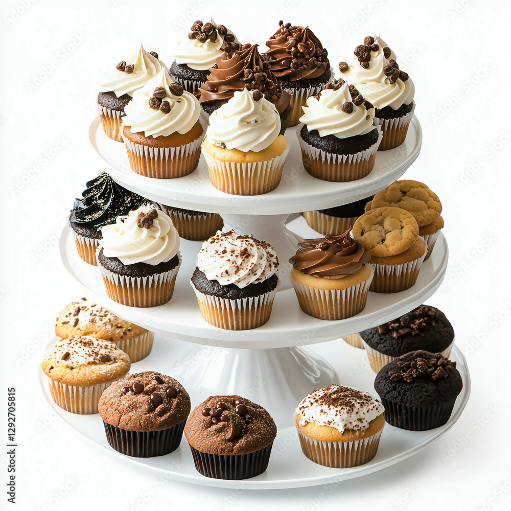 A tiered display of beautifully decorated cupcakes with various toppings, including coffee beans, chocolate drizzles, and sprinkles, along with cookies. A tiered display of beautifully decorated cupcakes with various toppings, including coffee beans, chocolate drizzles, and sprinkles, along with cookies.