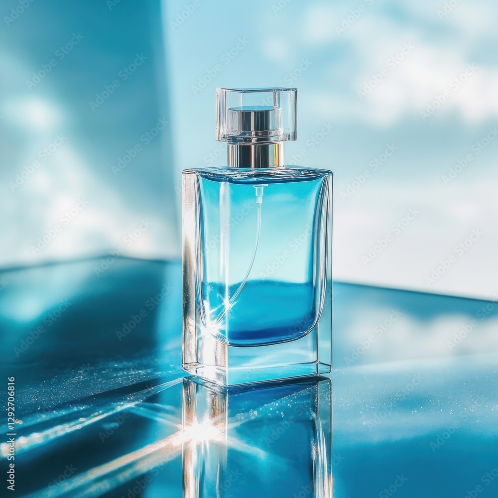 Azure Perfume Bottle on Reflective Surface Azure Perfume Bottle on Reflective Surface