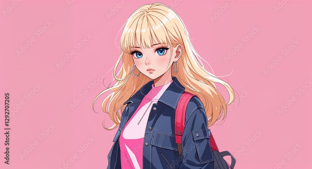 Blonde girl in modern fashion clothing on red bright plain background anime cartoon illustration Blonde girl in modern fashion clothing on red bright plain background anime cartoon illustration