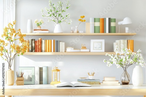 Bright Artistic Shelves with Colorful Books and Charming Flower Arrangements Creating A Cozy Workspace Atmosphere