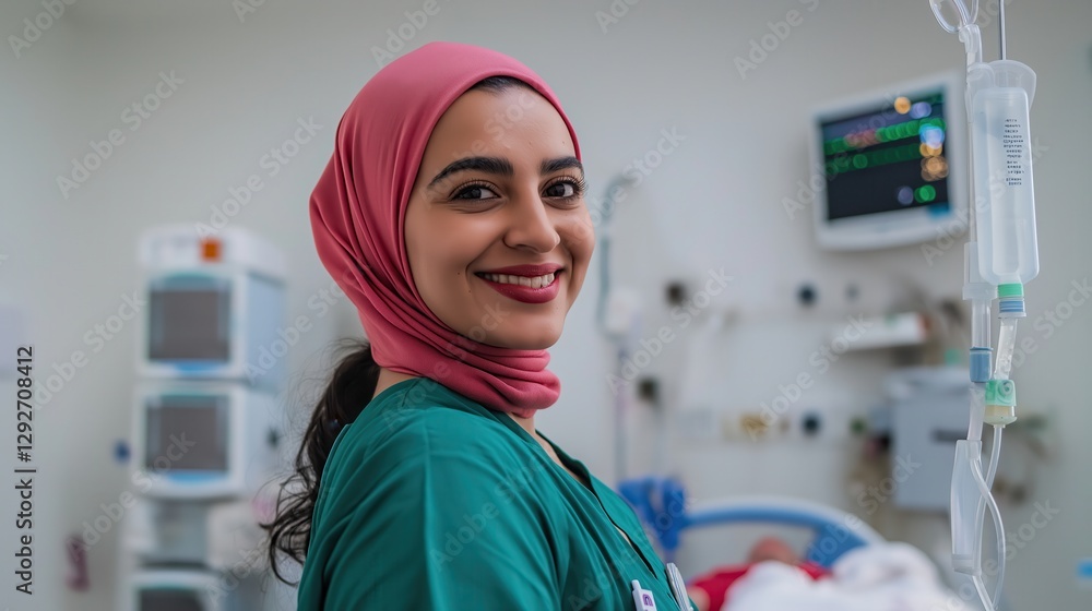 Obraz premium Smiling Muslim nurse working diligently in a hospital room, providing compassionate care next to a patient bed, embodying professionalism and hope