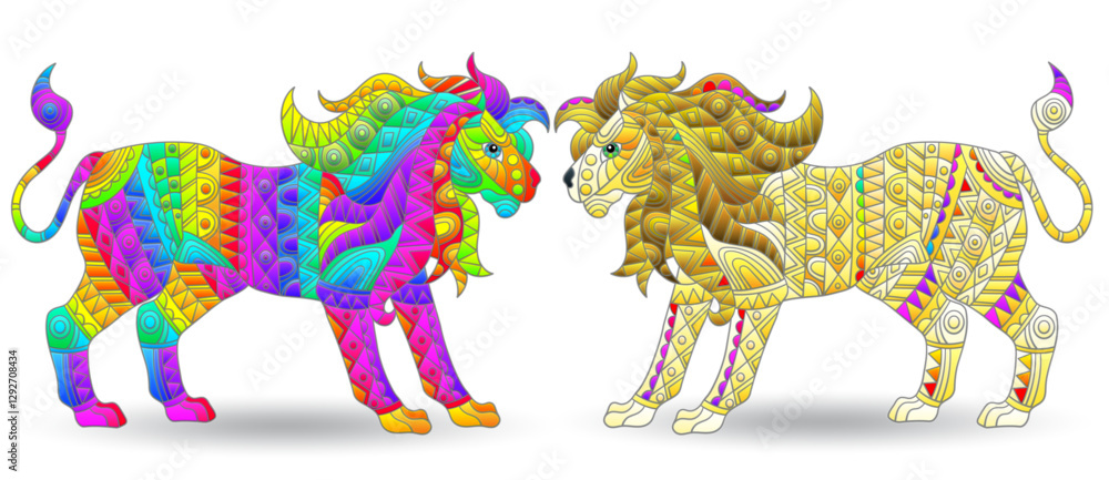 Fototapeta premium A set of illustrations in the style of stained glass with abstract lions, animals isolated on a white background