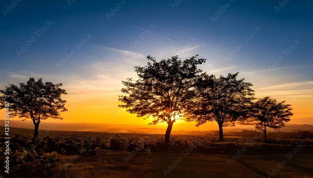 Scenic sunset over San Giuliano Nuovo, Italy, with dark silhouettes of mulberry trees Scenic sunset over San Giuliano Nuovo, Italy, with dark silhouettes of mulberry trees