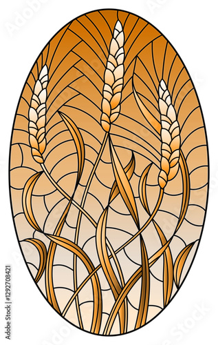 Illustration in stained glass style with spikes of cereal plants on a sky background, oval image, tone brown