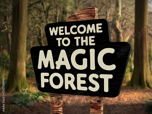 Welcome to the Magic Forest Sign in a Lush Forest. A weathered, wooden sign welcoming visitors to a Magic Forest stands amidst a tranquil forest setting. photo