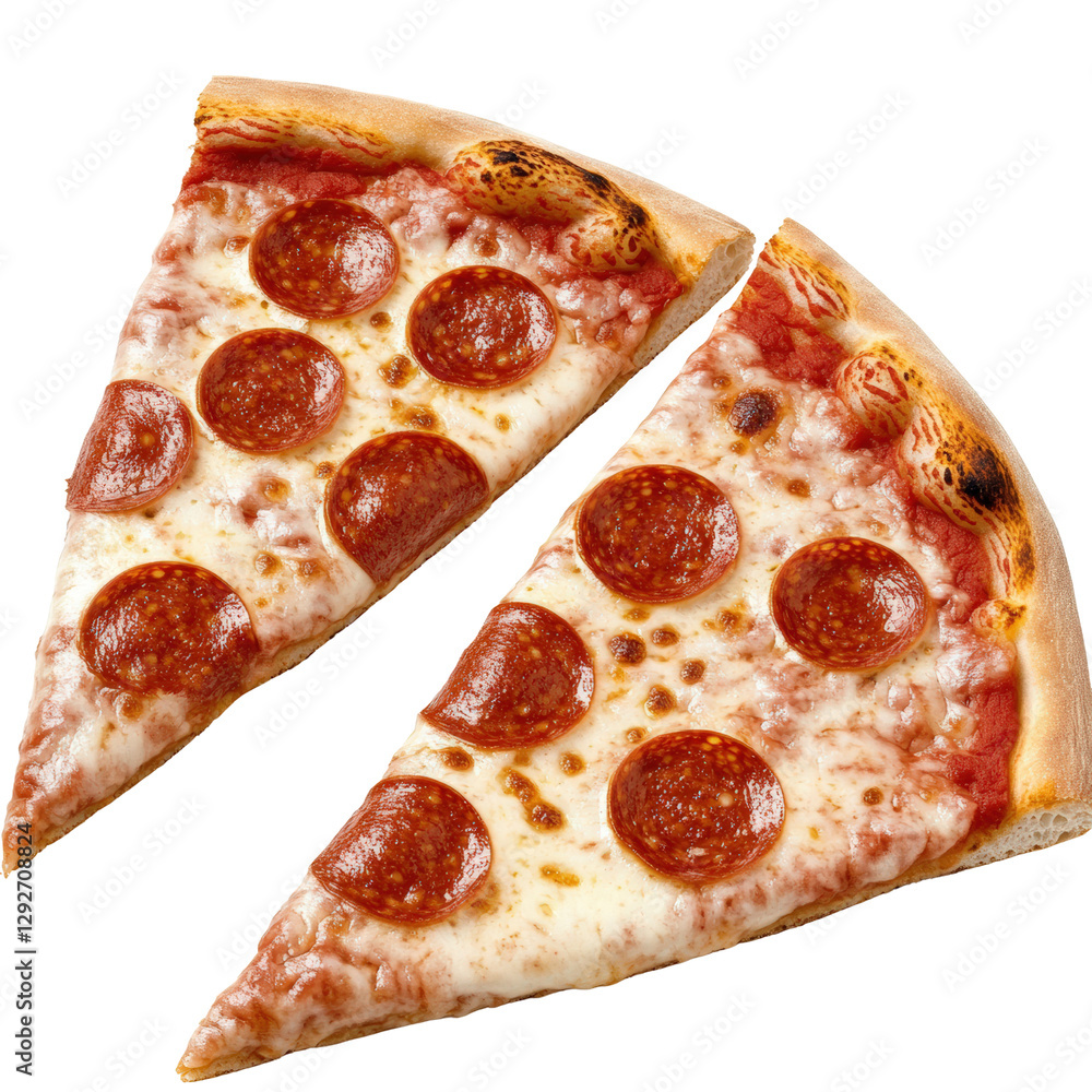 Two slices of freshly baked pizza topped with cheese and tasty ingredients served on a rustic wooden board isolated on transparent background.. Two slices of freshly baked pizza topped with cheese and tasty ingredients served on a rustic wooden board isolated on transparent background..