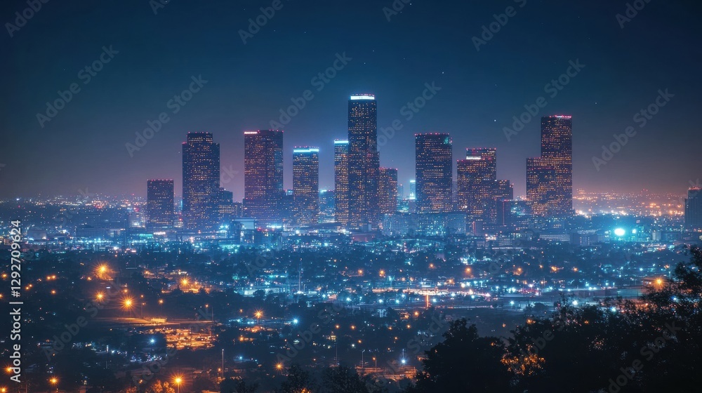 Fototapeta premium City skyline illuminated at night with twinkling stars and vibrant lights showcasing urban beauty. Generative AI