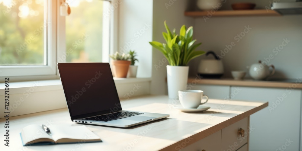 A sunlit workspace featuring a laptop computer, notebook, pen, and a cup of tea, situated on a minimalist kitchen counter near a window with a view of greenery A sunlit workspace featuring a laptop computer, notebook, pen, and a cup of tea, situated on a minimalist kitchen counter near a window with a view of greenery
