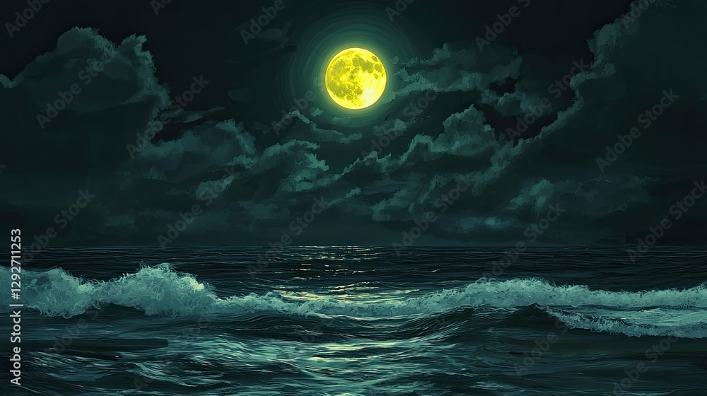 Fototapeta premium Full yellow moon illuminates the ocean under cloudy skies