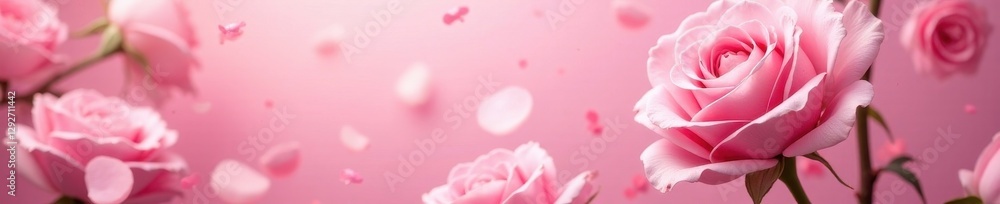 Obraz premium Large pink rose heads & pink confetti, soft focus, solid pink backdrop, smooth, bloom