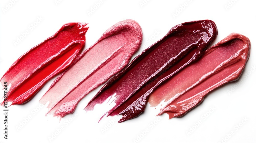 5 different lip gloss swatches in red, pink, and maroon colors on a white background 5 different lip gloss swatches in red, pink, and maroon colors on a white background