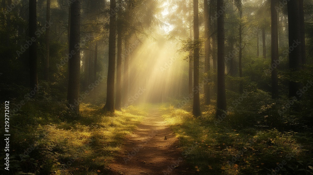 Fototapeta premium Sunlight beams through the trees in a misty forest.