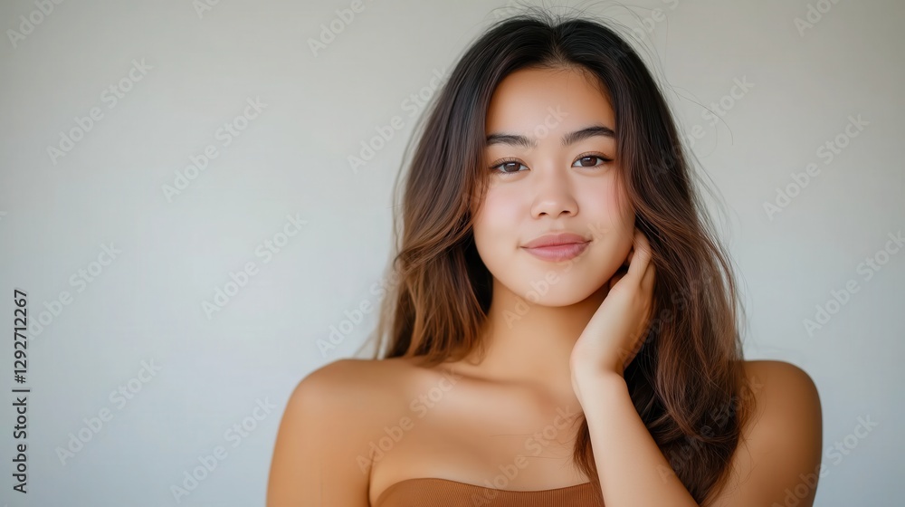 Obraz premium Portrait of a beautiful young Asian woman gently touching her face with her hand, posing on a white background