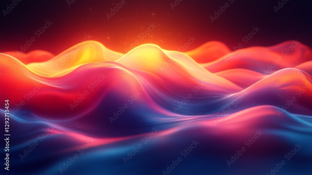 Obraz premium Vibrant abstract multicolored landscape with glowing waves and smooth textures, illuminated by soft light. Surreal digital art concept