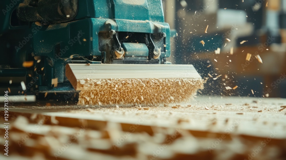 Woodworking Power Tool in Action: Close-up of a Teal Electric Planer Shaping Wooden Board, Creating Wood Shavings Woodworking Power Tool in Action: Close-up of a Teal Electric Planer Shaping Wooden Board, Creating Wood Shavings