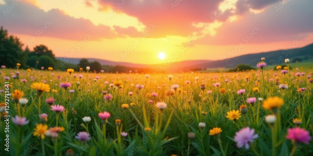 Obraz premium Serene Sunset Meadow Vibrant Wildflowers Illuminated by the Golden Hour's Warm Glow