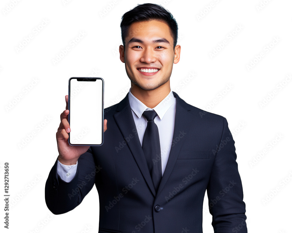 smiling businessman in suit holds up smartphone, showcasing blank screen. His confident expression conveys professionalism and approachability smiling businessman in suit holds up smartphone, showcasing blank screen. His confident expression conveys professionalism and approachability