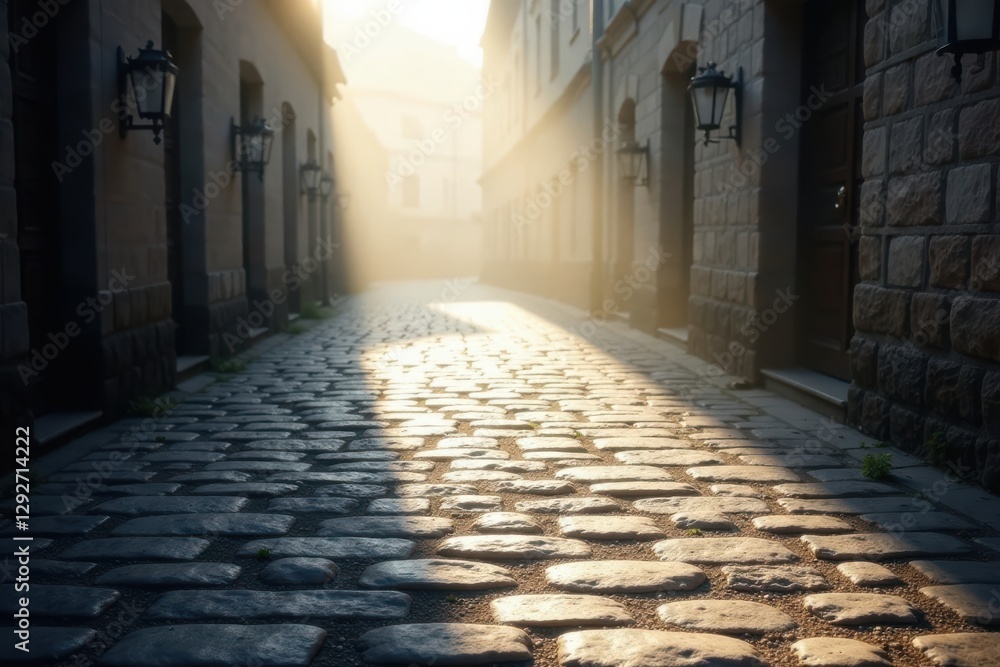 Sunlit cobblestone lane, early morning mist, old buildings, and antique streetlights create a serene atmosphere Sunlit cobblestone lane, early morning mist, old buildings, and antique streetlights create a serene atmosphere