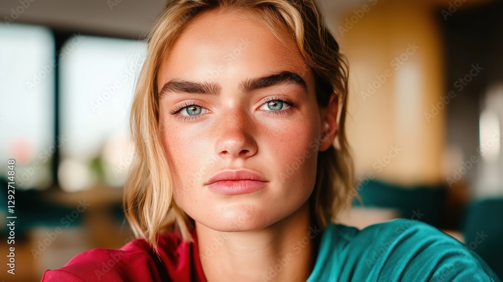 Portrait of a serious young blonde woman with blue eyes and freckles showing confidence and determination Portrait of a serious young blonde woman with blue eyes and freckles showing confidence and determination