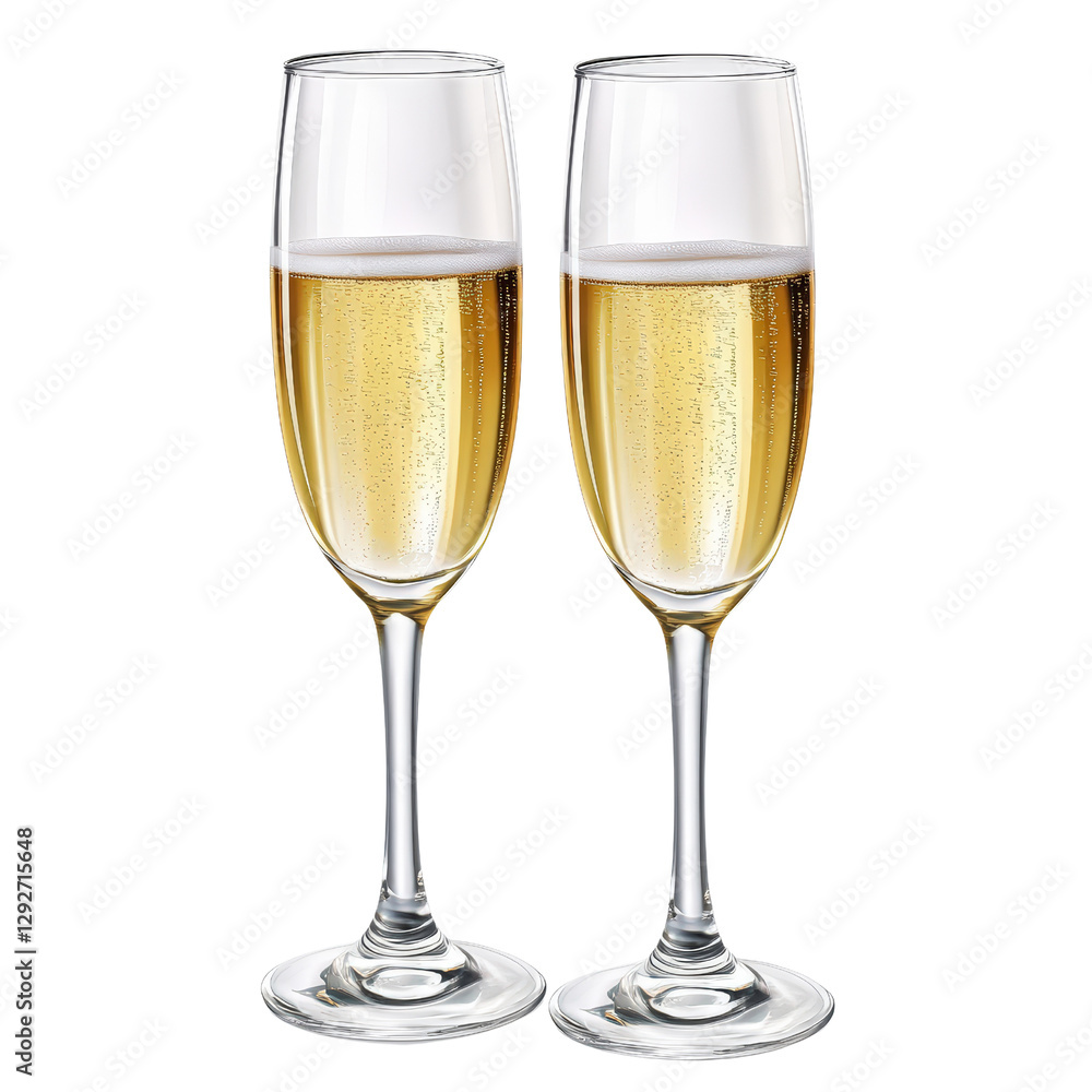 Elegant pair of champagne glasses filled with sparkling bubbly ready for a toast to celebrate special moments and occasions isolated on transparent background.. Elegant pair of champagne glasses filled with sparkling bubbly ready for a toast to celebrate special moments and occasions isolated on transparent background..