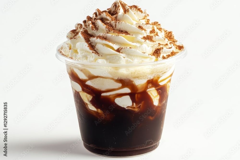 Chilled coffee topped with whipped cream in a plastic cup against a white backdrop Chilled coffee topped with whipped cream in a plastic cup against a white backdrop