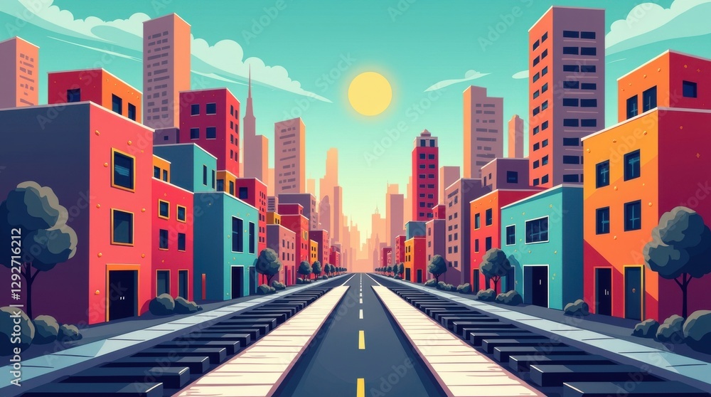 Obraz premium Piano-inspired business landscape with finance and coin elements bright season light urban viewpoint