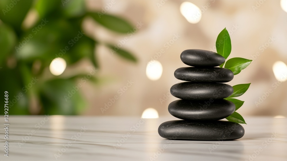 Stack of black spa stones with green leaves on marble surface for relaxation