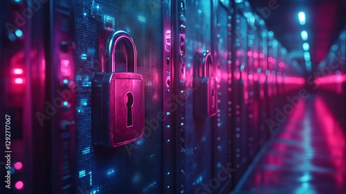 Cyber security and private data protection concept – blue integrated circuit lock, robust firewall defense against hacker attacks