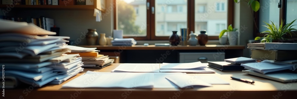 Disorganized cluttered office desk with scattered papers and messy files, overwhelmed, mess Disorganized cluttered office desk with scattered papers and messy files, overwhelmed, mess