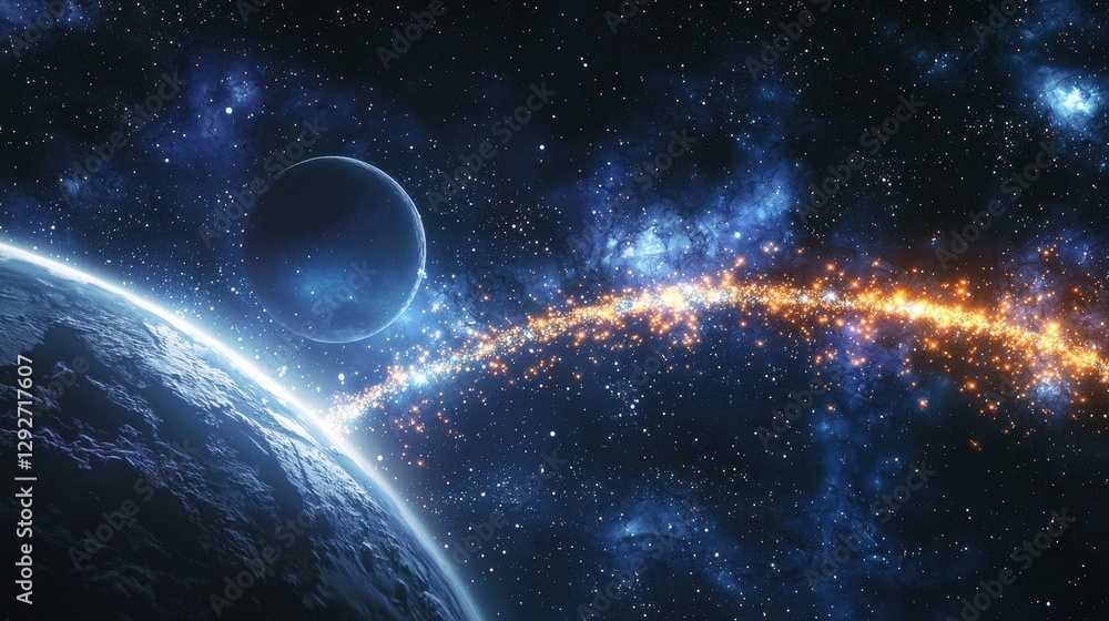Fototapeta premium A celestial bridge of glowing stardust links Earth and the moon forming a cosmic highway