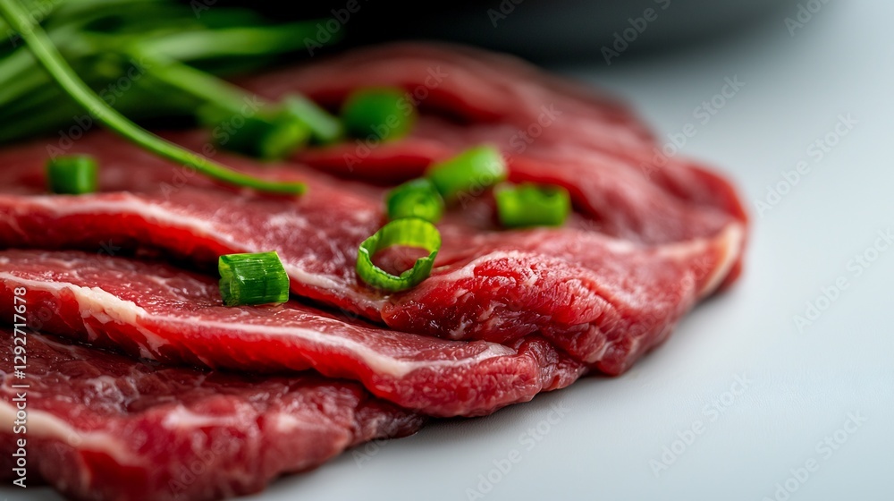 Close-up of Raw Beef Slices Garnished with Green Onions Close-up of Raw Beef Slices Garnished with Green Onions