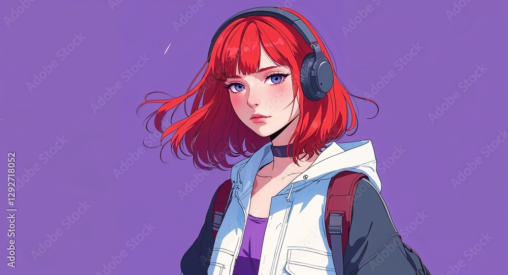 Fototapeta premium Red head girl in urban clothing on purple bright plain background anime cartoon illustration