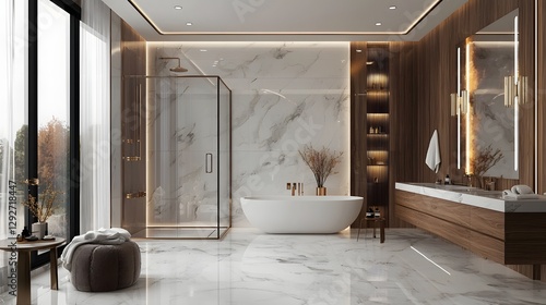 Luxurious minimalist bathroom design featuring a built in steam shower marble countertops soft glowing lighting and a tranquil spa like ambiance