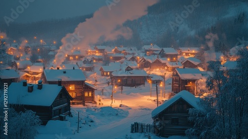 Winter village in twilight with illuminated cabins and snow covered landscape during evening hours. Generative AI