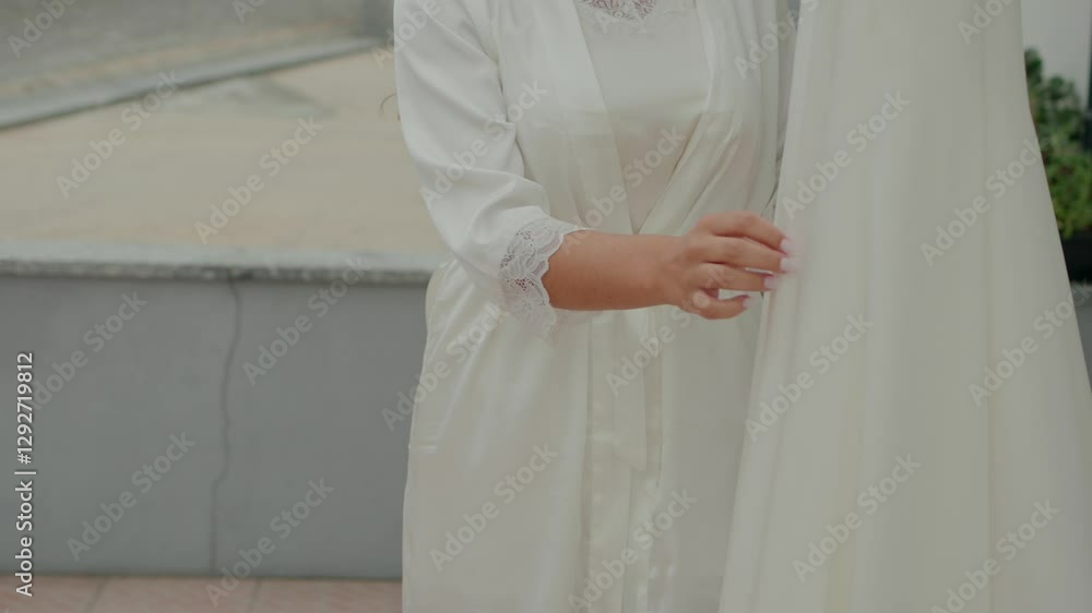 Bride in a white robe gently holding her wedding dress, preparing for the ceremony Bride in a white robe gently holding her wedding dress, preparing for the ceremony