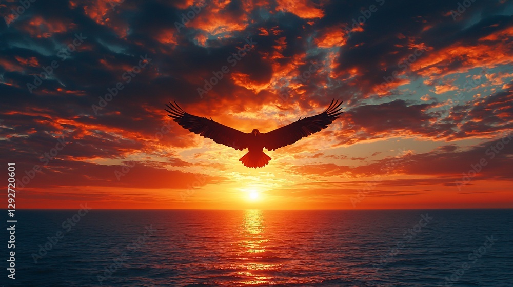 Obraz premium Eagle silhouette soaring at sunset over ocean.