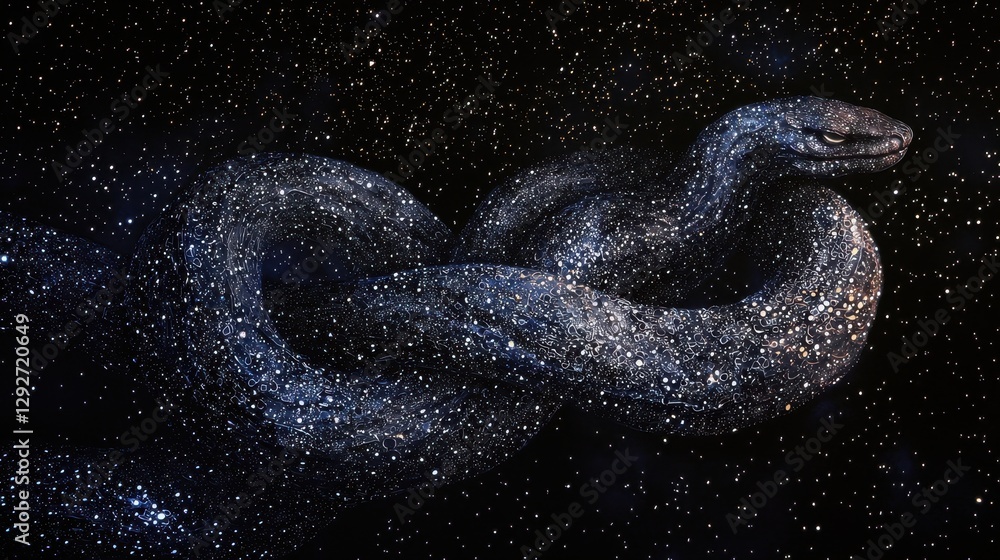 A celestial serpent made of stardust coils through the night sky shifting between dimensions A celestial serpent made of stardust coils through the night sky shifting between dimensions