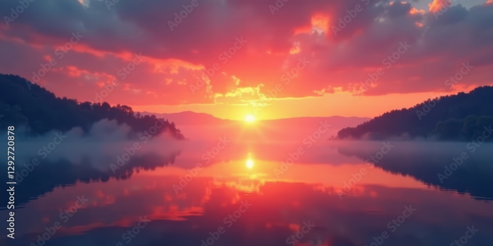 Serene Sunset over Misty Lake with Silhouetted Hills Reflecting in Calm Water Serene Sunset over Misty Lake with Silhouetted Hills Reflecting in Calm Water