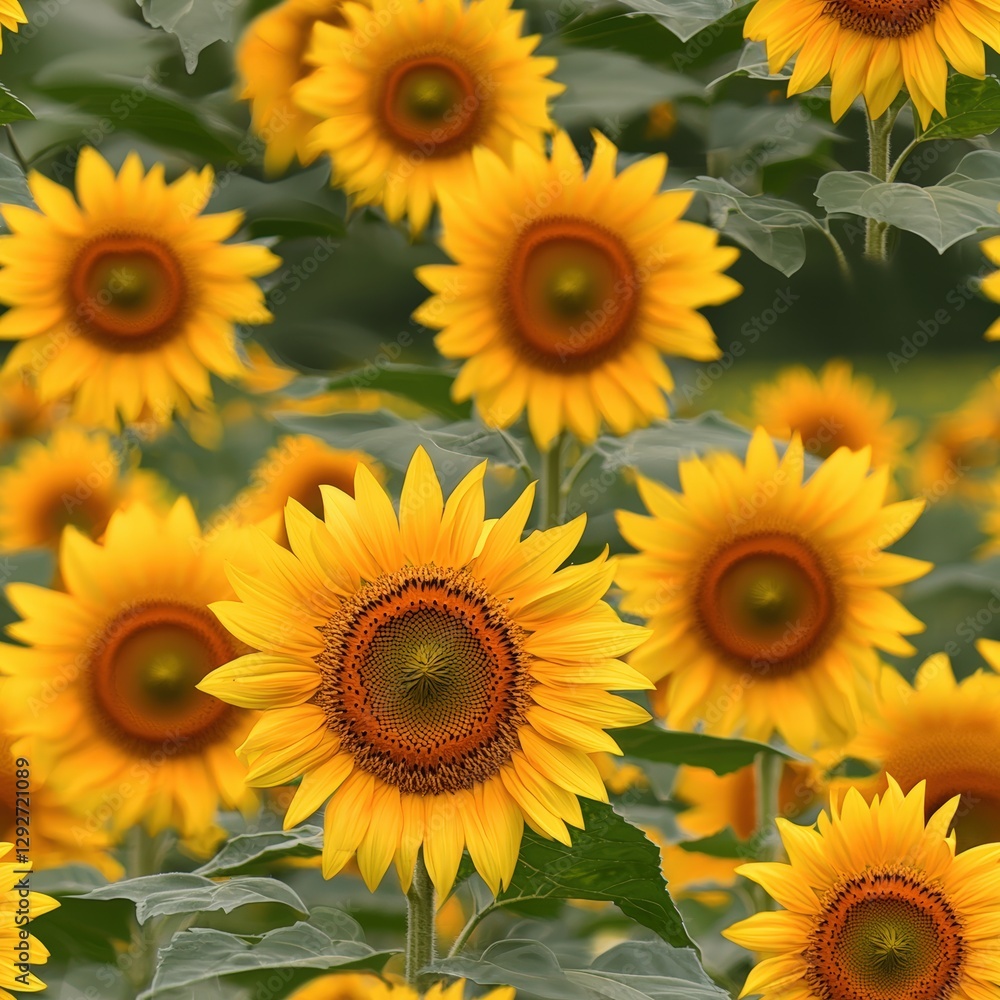 Vast golden field of sunflowers under a bright blue sky with sunlight illuminating the blossoms Vast golden field of sunflowers under a bright blue sky with sunlight illuminating the blossoms