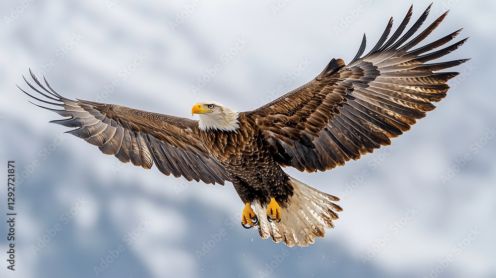 Obraz premium Majestic bald eagle in flight against a cloudy sky.