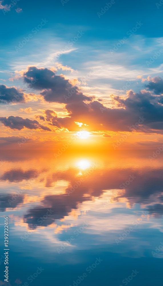 Fototapeta premium Dramatic sunset reflecting in calm water with interesting clouds