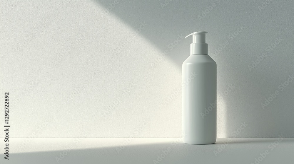 White bottle with pump on a white background with natural lighting and copy space White bottle with pump on a white background with natural lighting and copy space