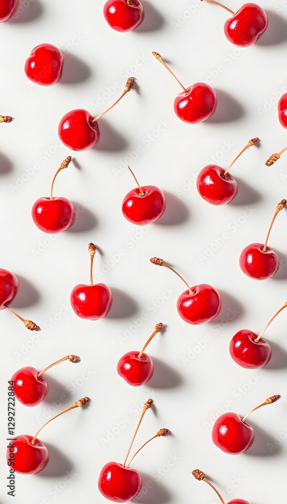 Fresh red cherries with stems arranged on white background Fresh red cherries with stems arranged on white background
