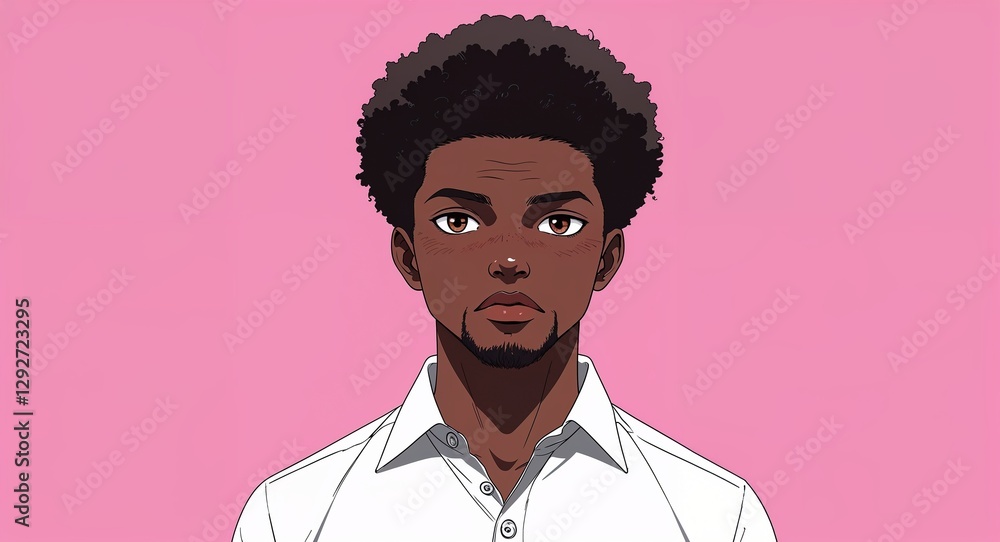 Obraz premium Black African guy in white shirt on pink bright plain background anime cartoon illustration